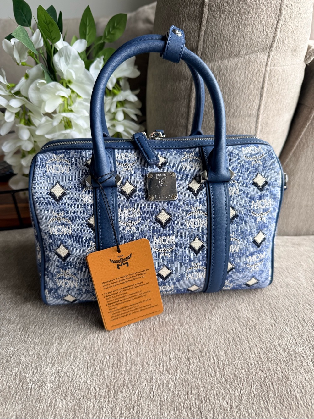 MCM Blue Visetos Small Denim Bowling Bag Satchel or Crossbody NWT